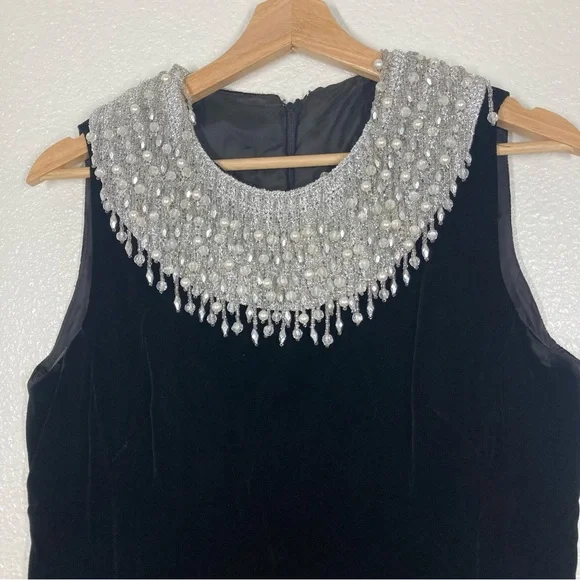 Joseph Magnin Vintage 70s Dress M velvet Embellished Black Silver stones Glam - Picture 4 of 16
